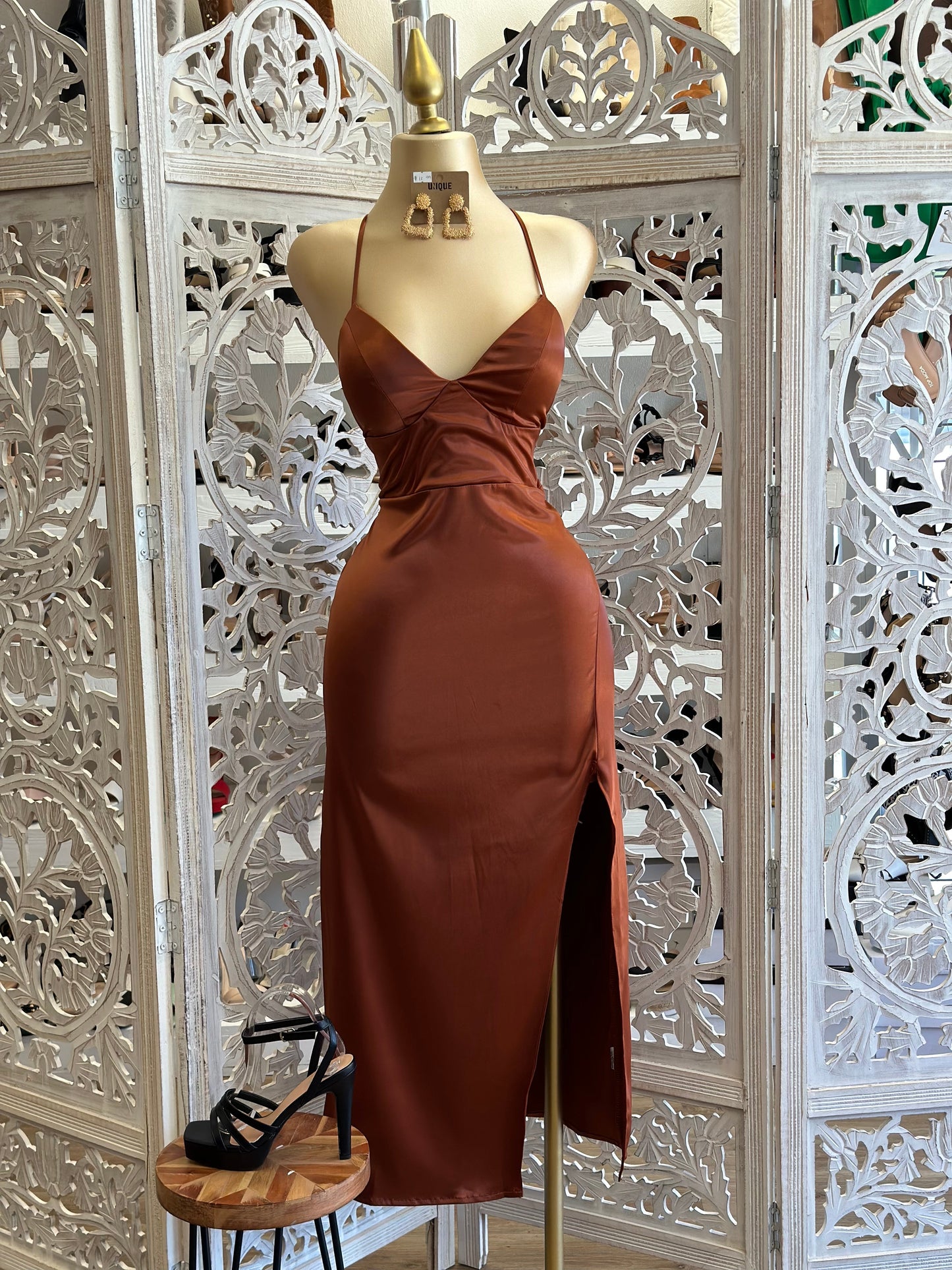 Coffee Brown Satin Tie Back Dress