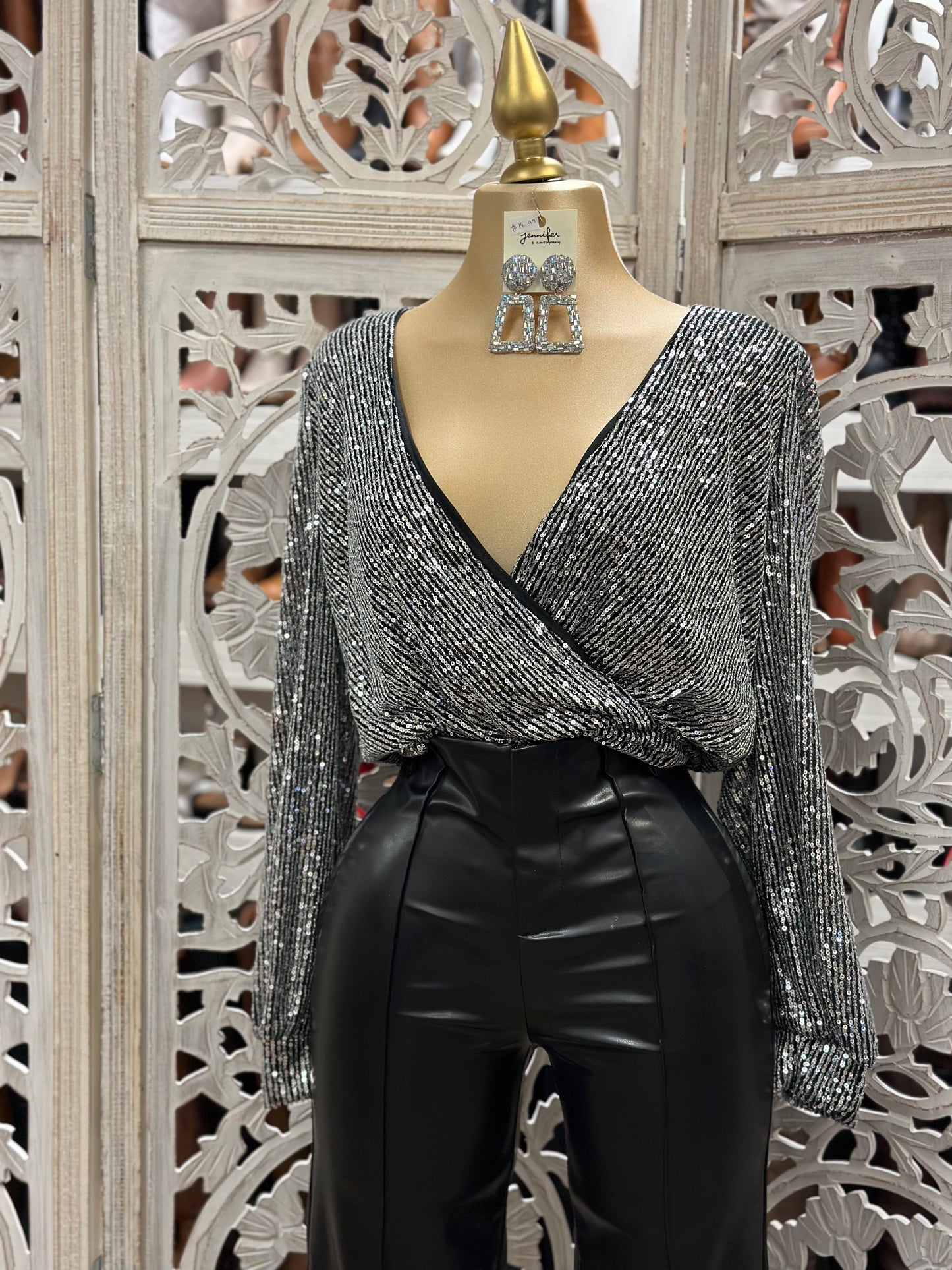 Silver and Black Wrapped Sequin Blouse