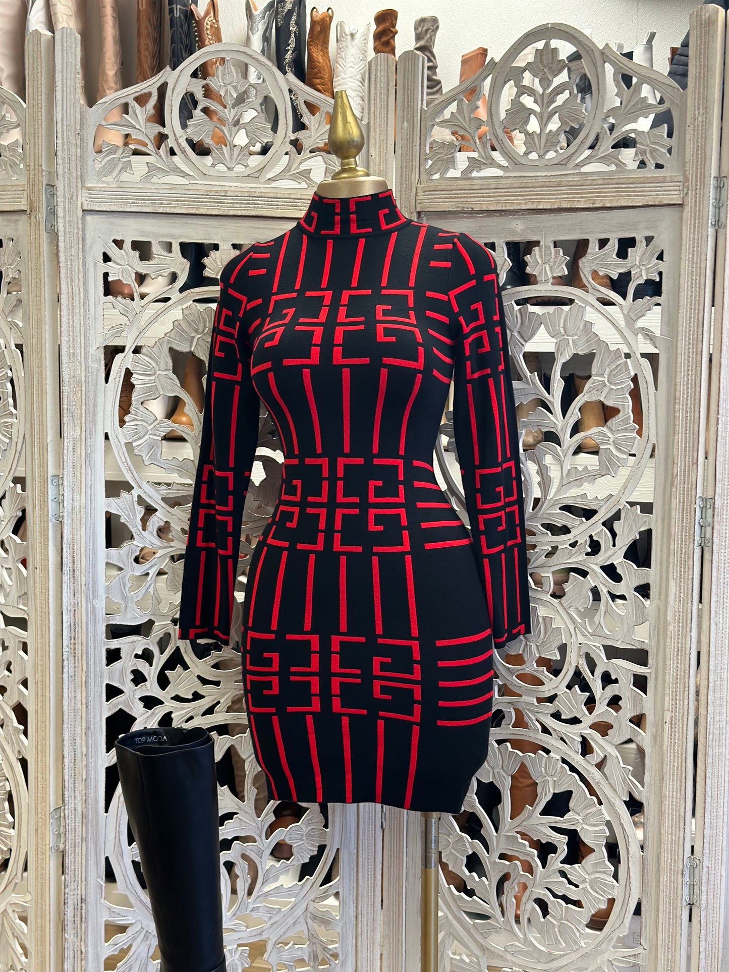 Geometric Print Red Mock Neck Dress