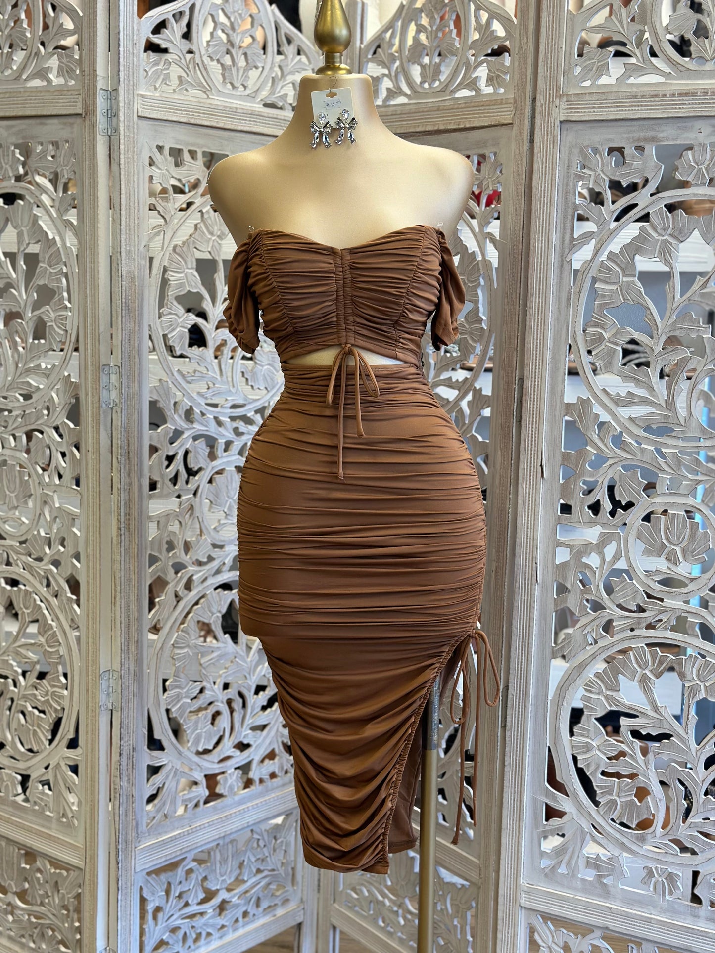 Brown Ruched Cutout Dress- Stretchy