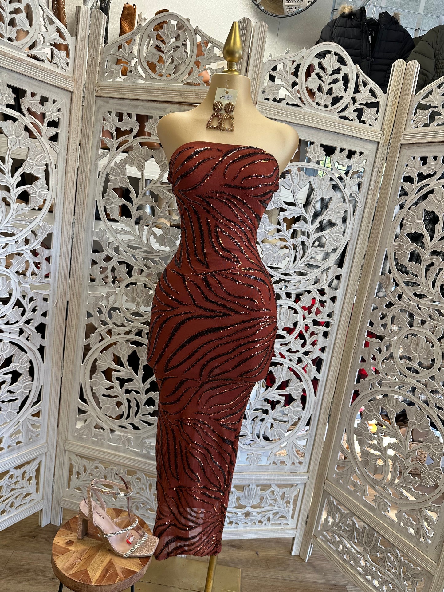 Strapless Sequin Pattern Midi Dress