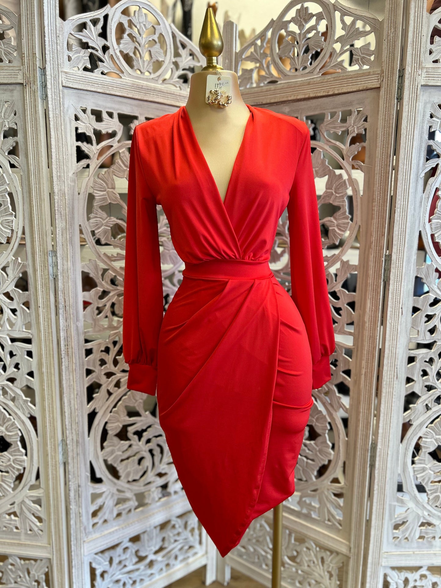 Red  Draped Midi Dress- Very Stretchy