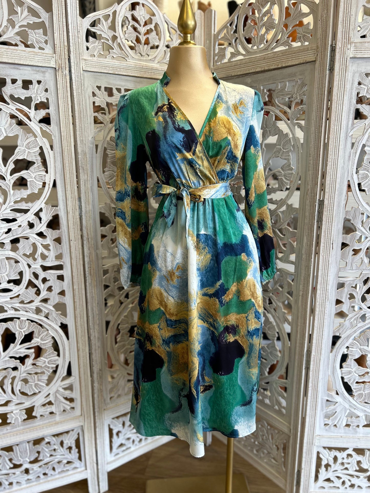 Wrapped Multicolor Green Midi Dress- Not Stretchy