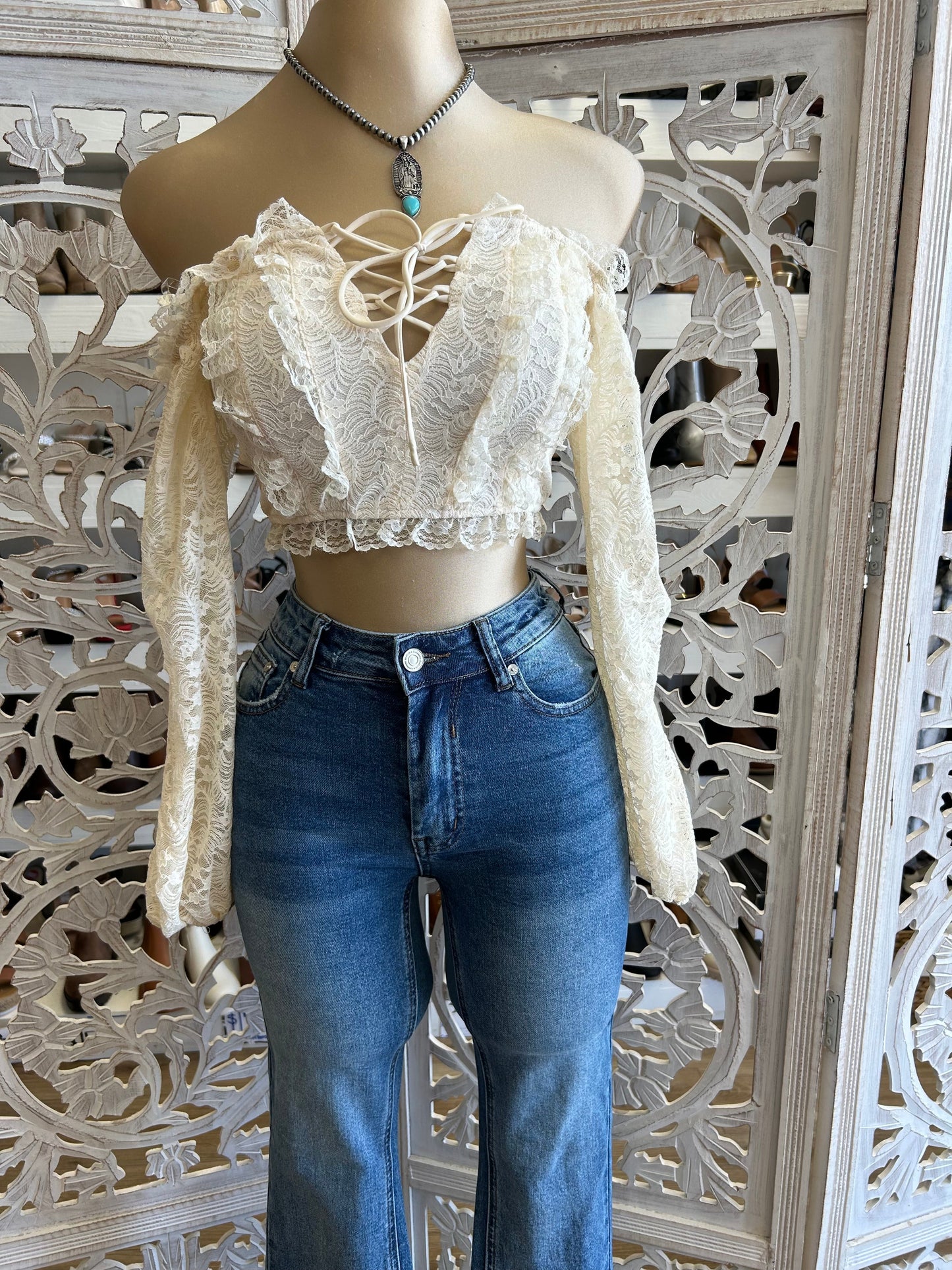 Cream Lace Tie Up Off Shoulder Crop