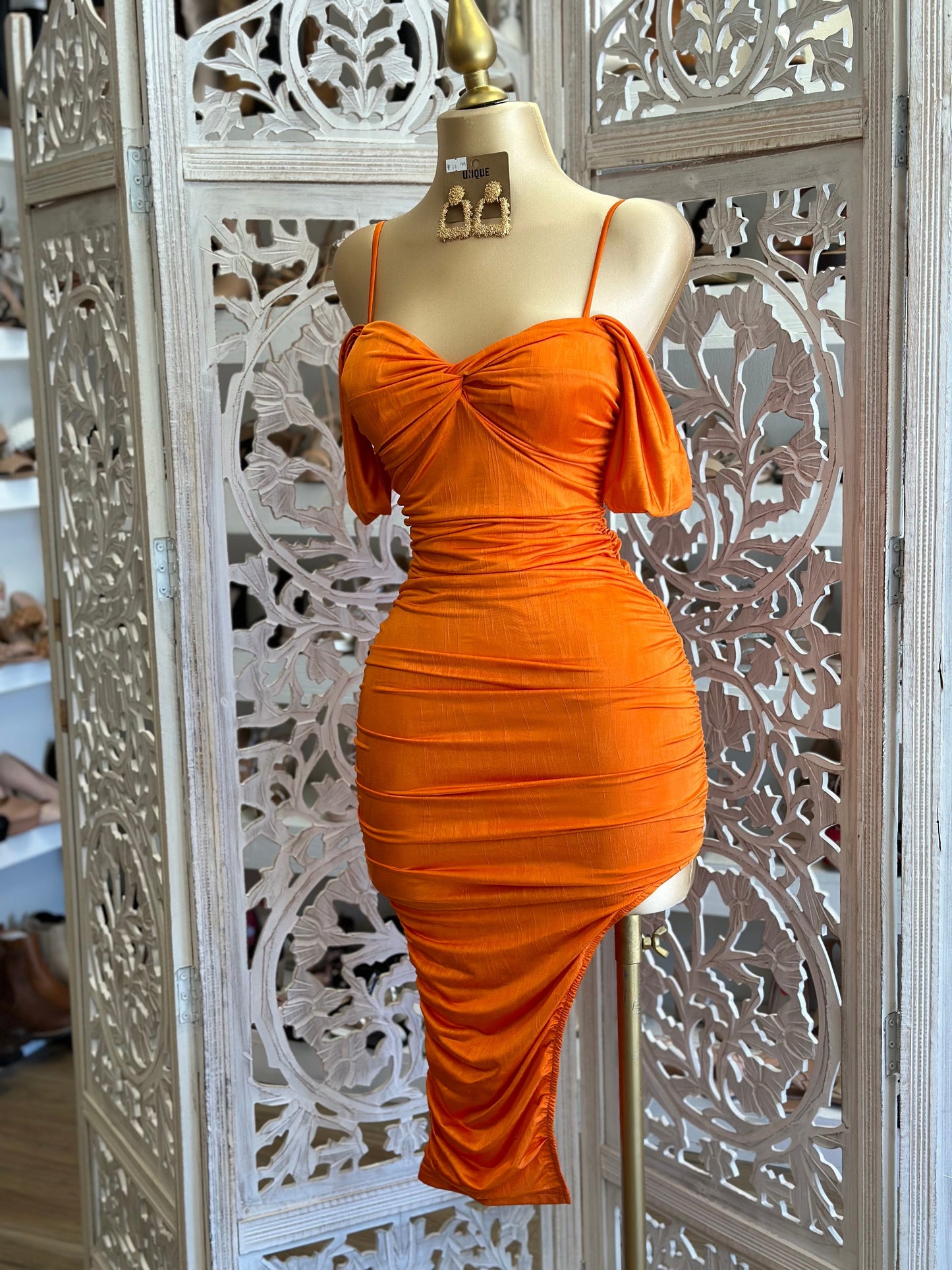 Orange Ruched Slit Cutout Dress