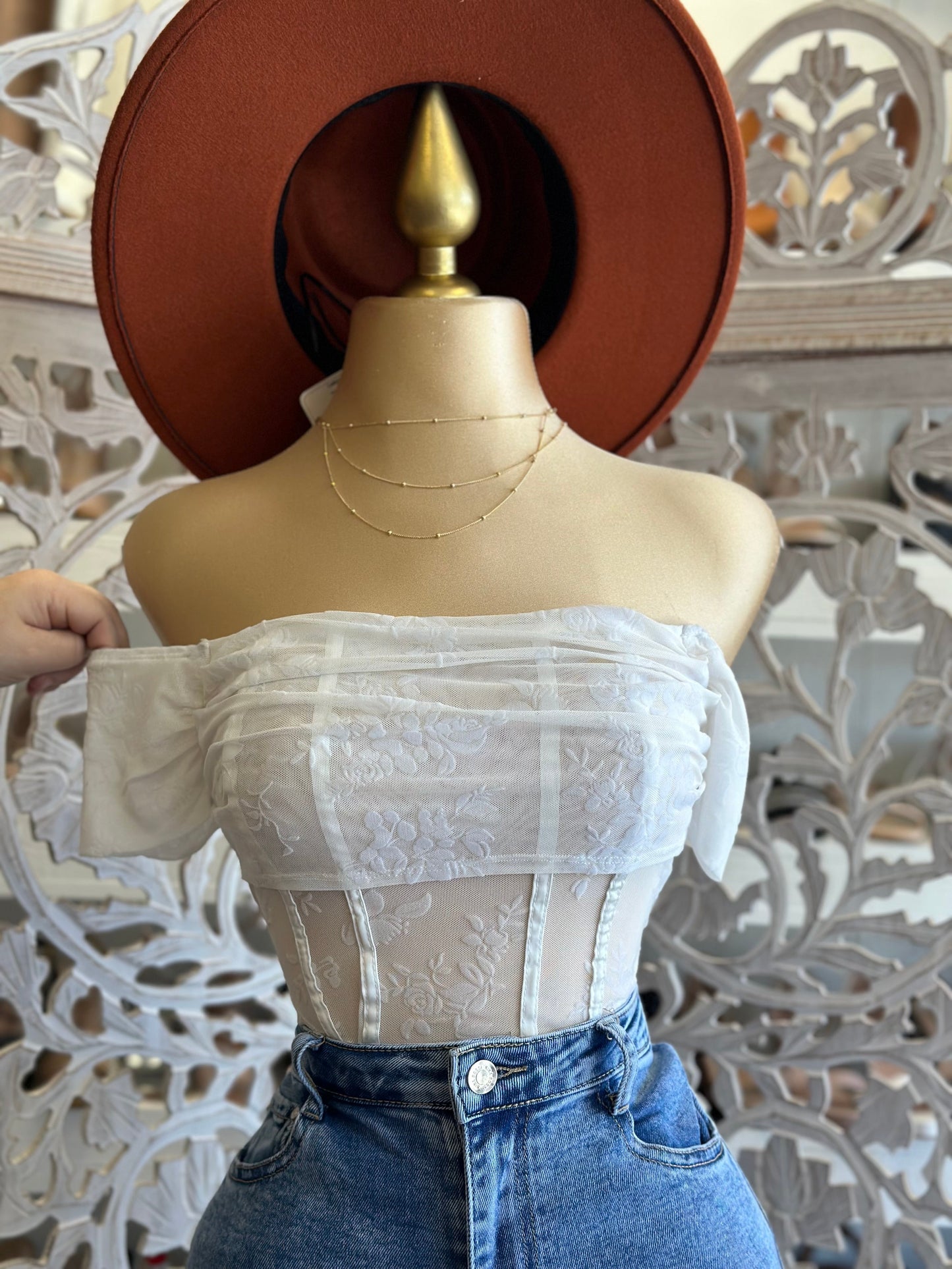 White Corset Mesh Off Shoulder Top- Stretchy