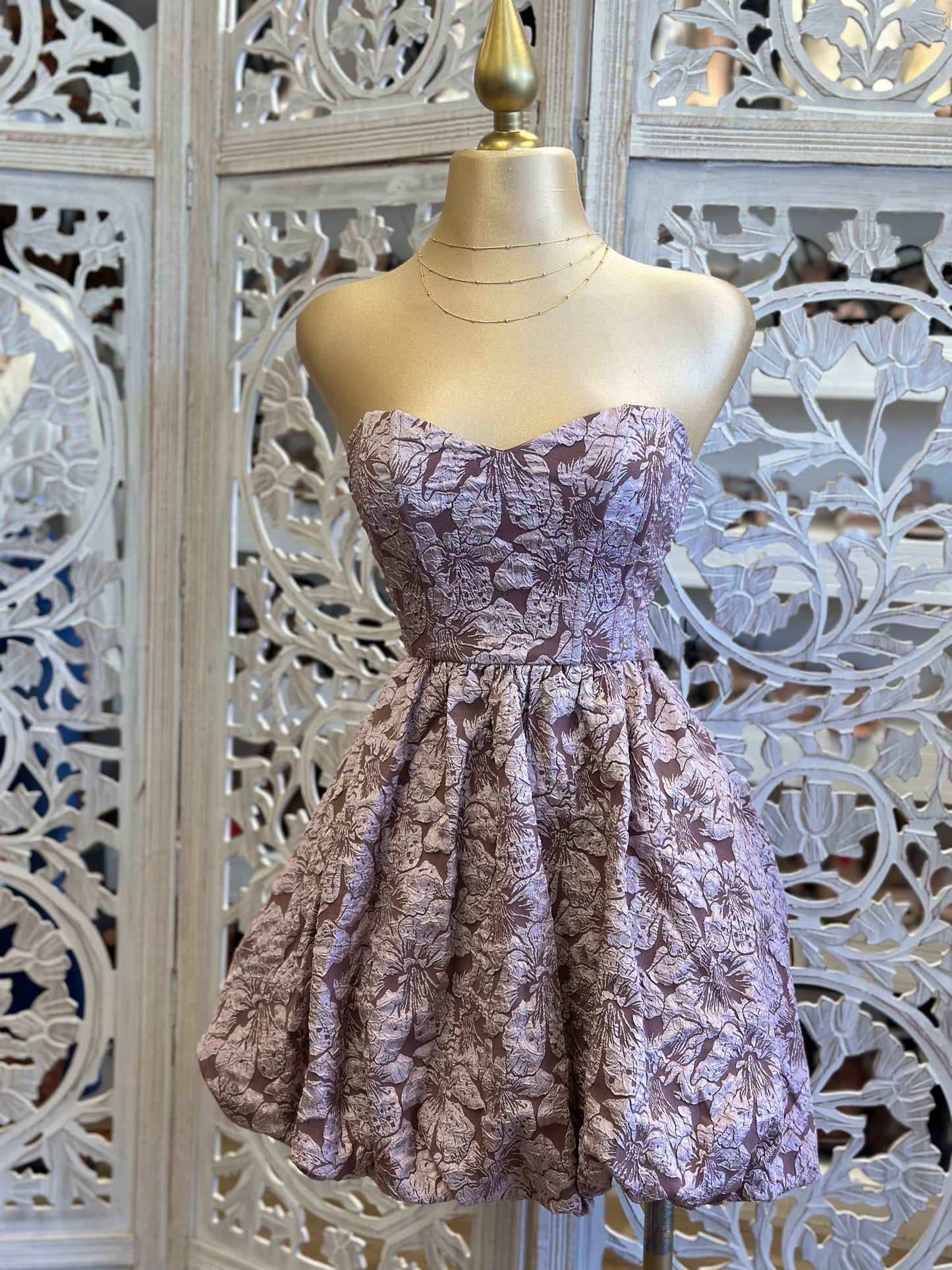 Strapless Floral Pattern Mini Puff Dress- Not Stretchy