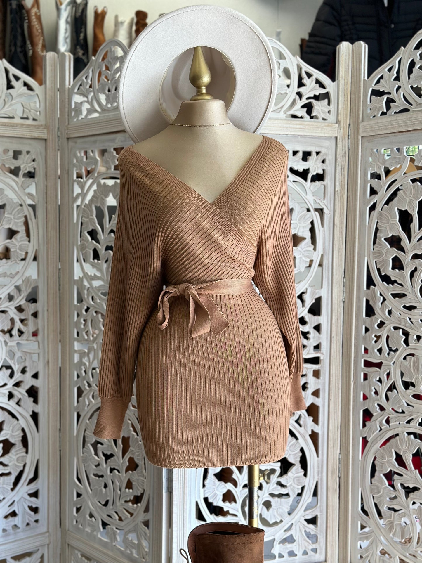 Camel Brown Wrapped Sweater Dress with Belt