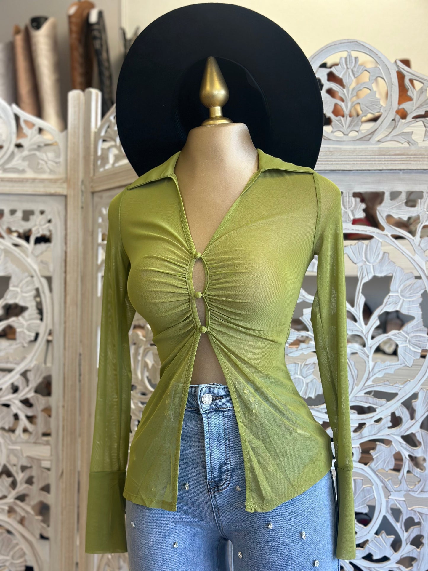 Sheer Green Button Split Top- Stretchy