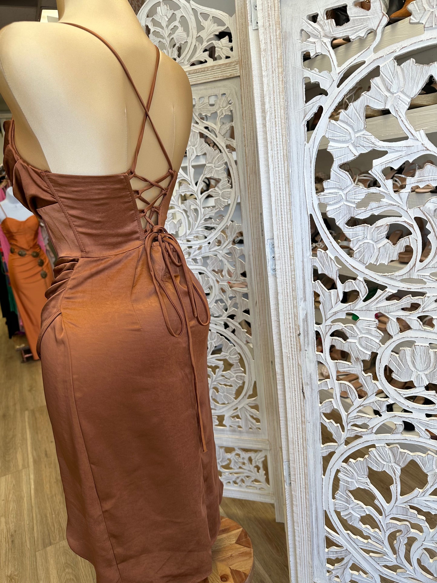 Draped Midi Silk Brown Corset Dress