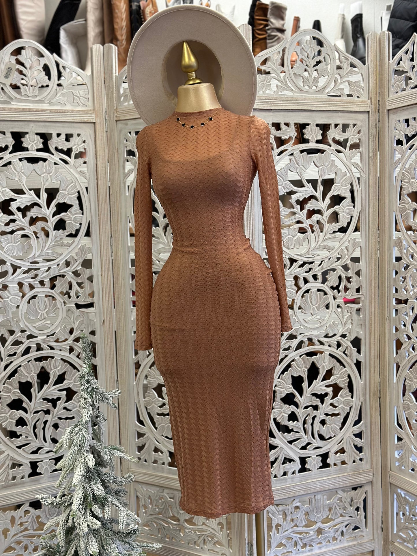 Brown Midi Long Sleeve Dress