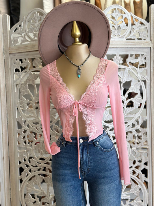 Pink Mesh Lace Tie Up Blouse- Stretchy