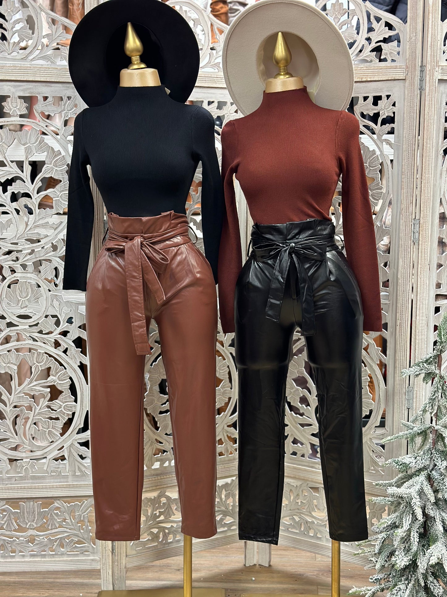 Bow Faux Leather Flare Pants