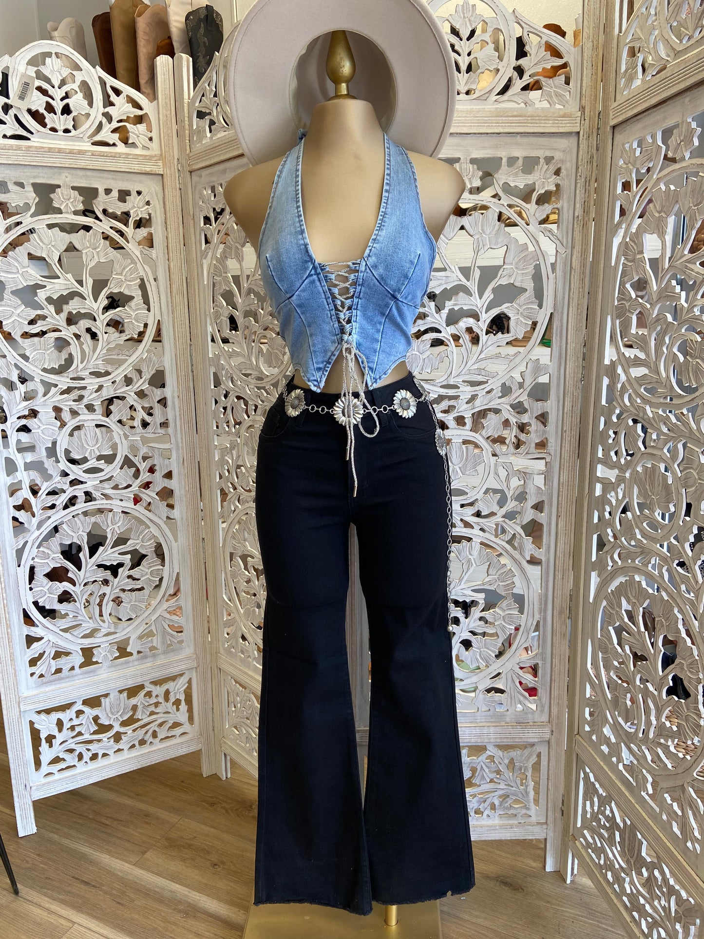 Denim Rhinestone Tie Up Top