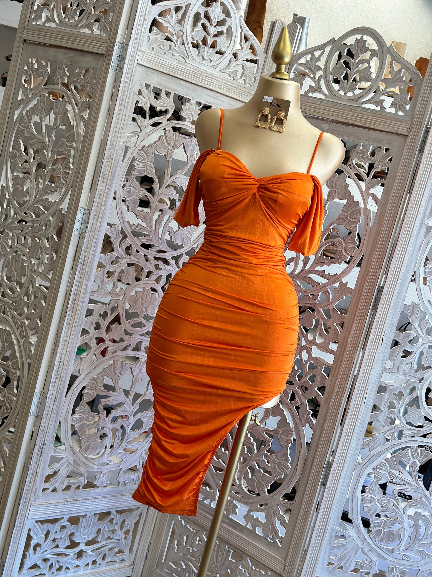 Orange Ruched Slit Cutout Dress