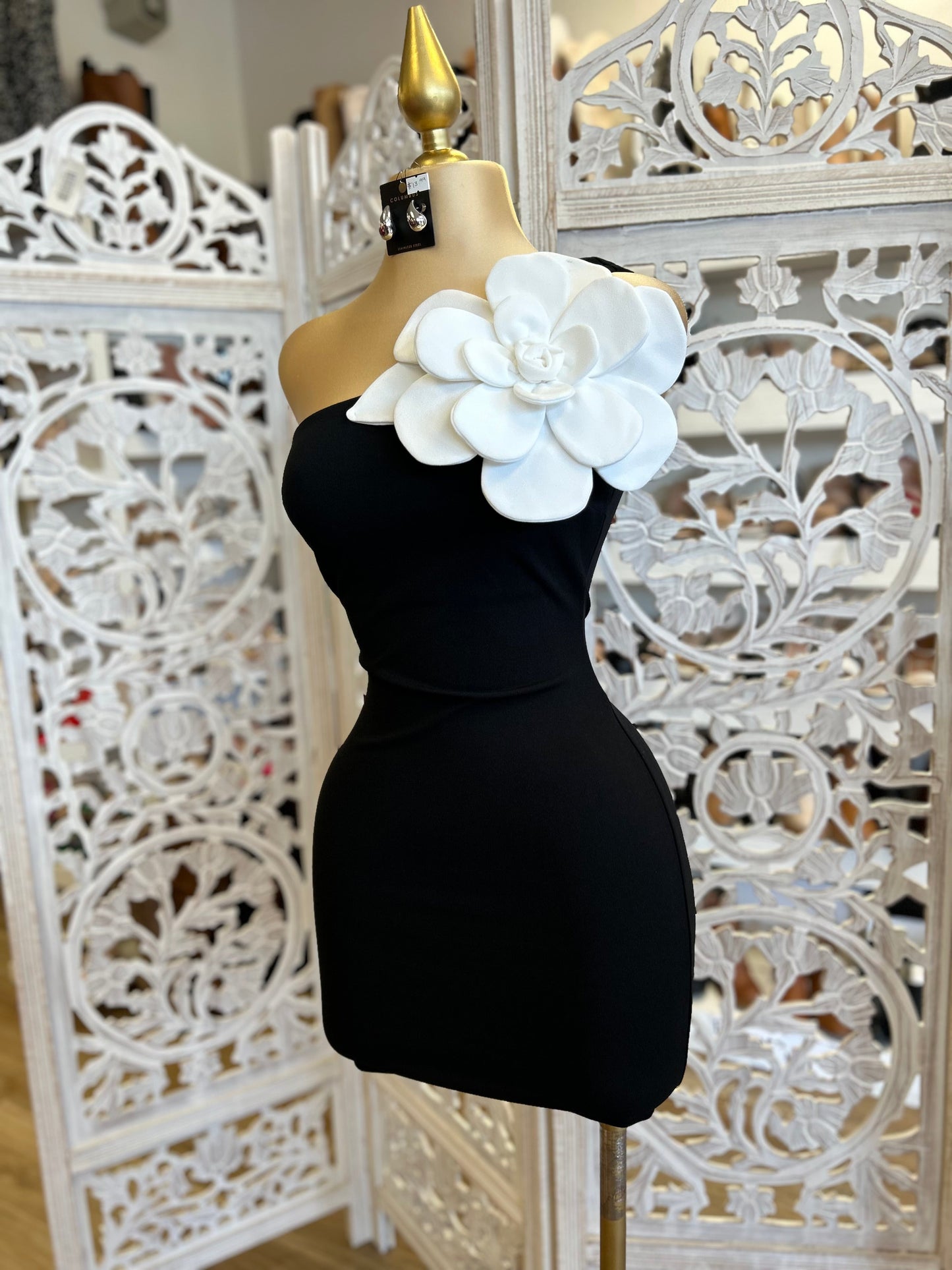 Enlarged Flower Black Mini Dress- Stretchy