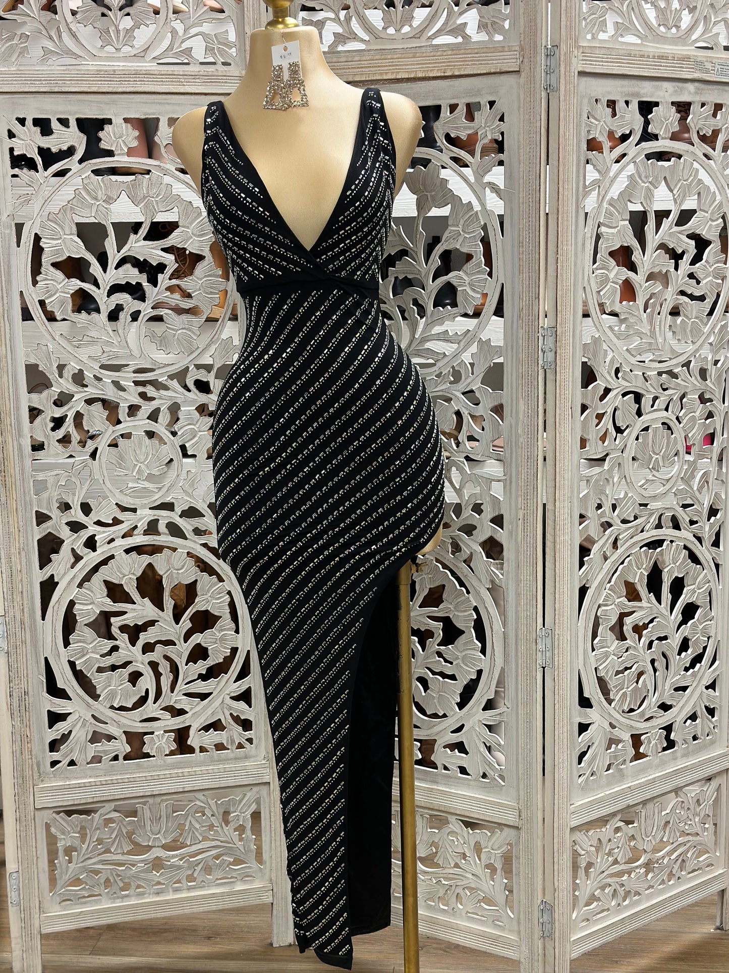 V Rhinestone Black Dress