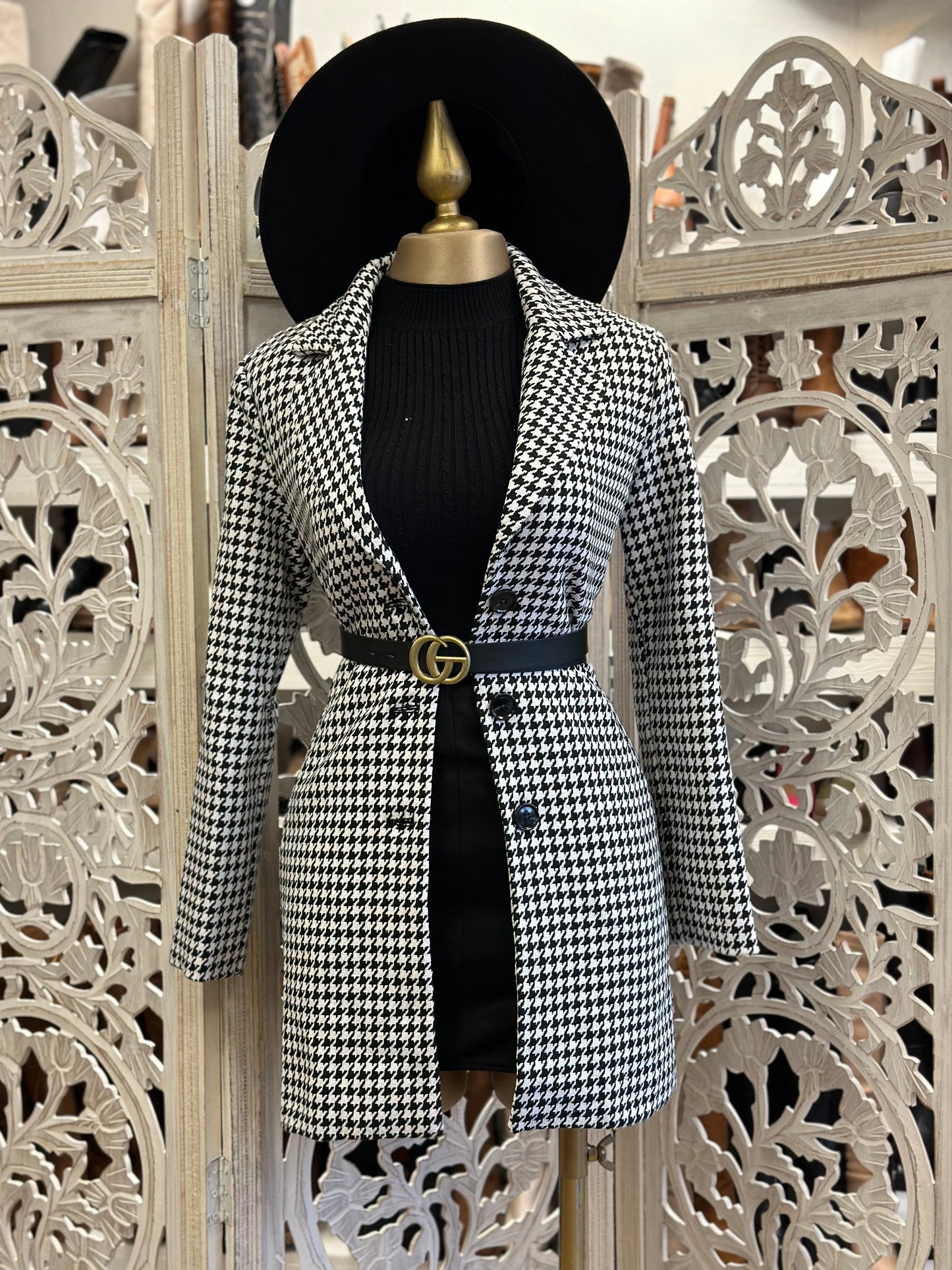 Houndstooth Print Coat