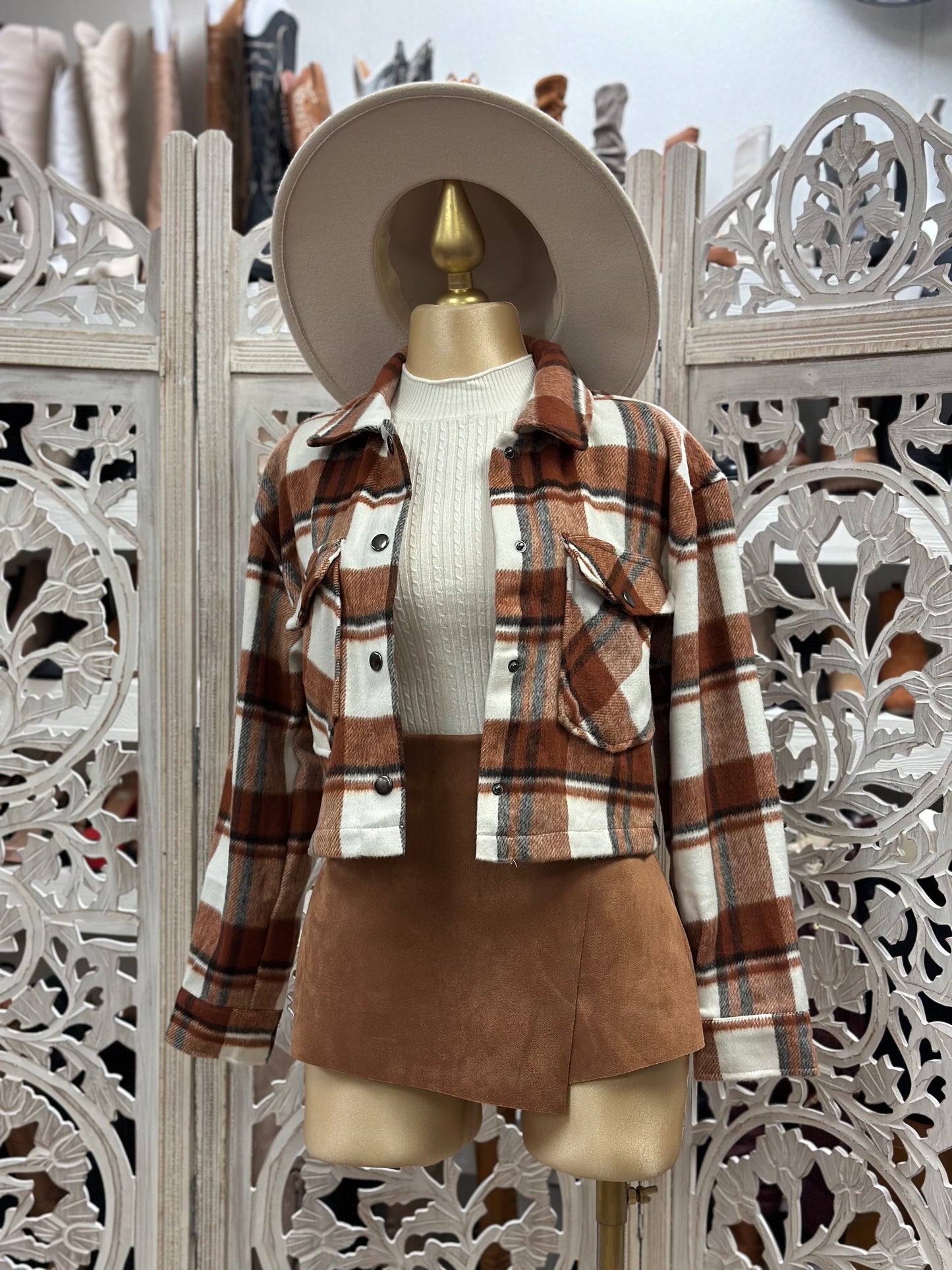 Cropped Brown Flannel Jacket with Pockets