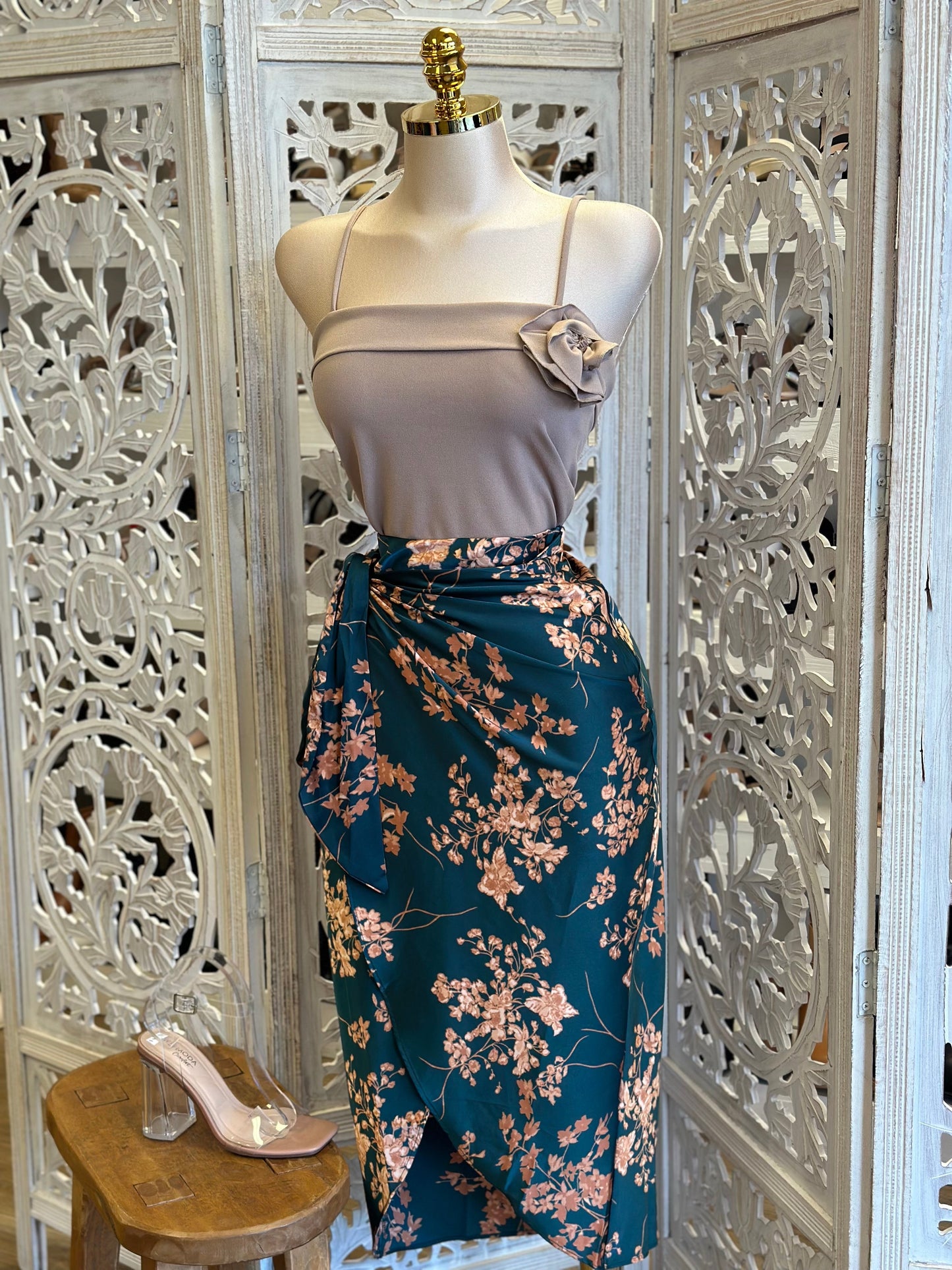 Knotted Wrapped Floral Satin Skirt- Slightly Stretchy