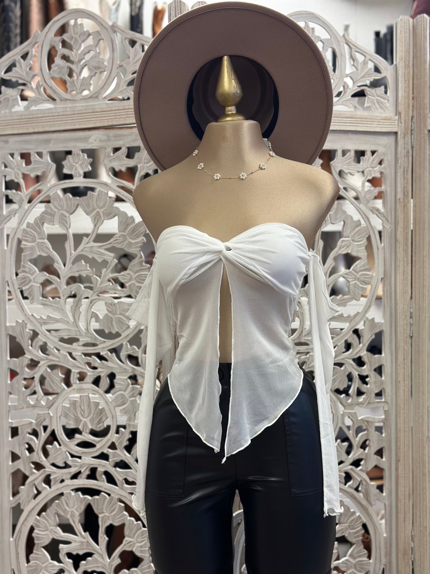 White Ribbon Split Blouse