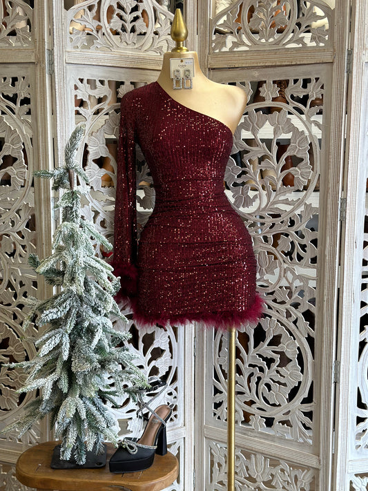 Burgundy Sequin Feathered Dress