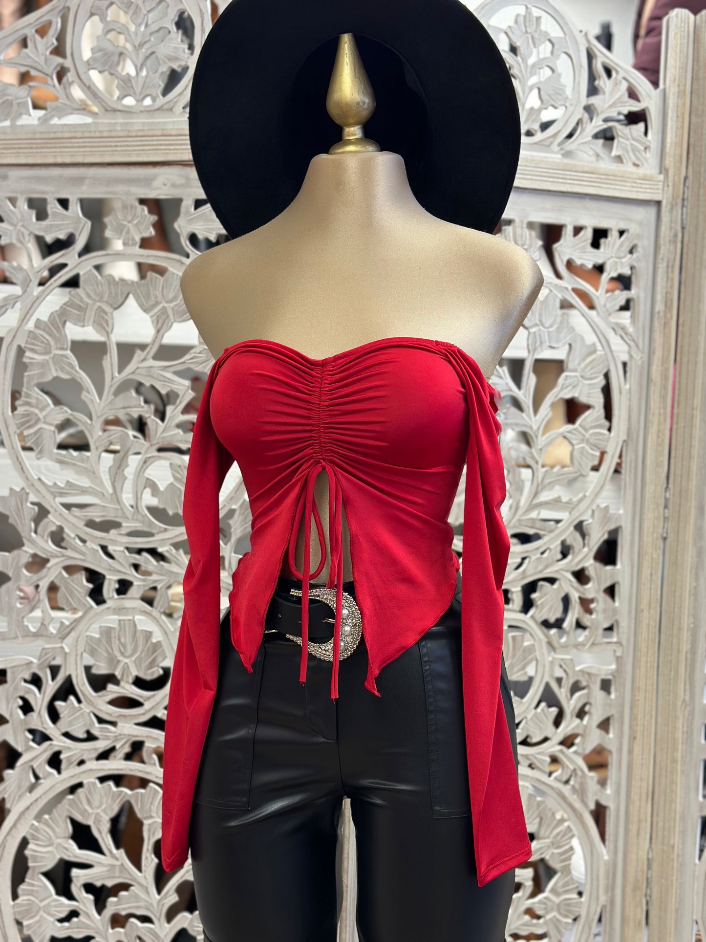 Dark Red Ribbon Split Blouse