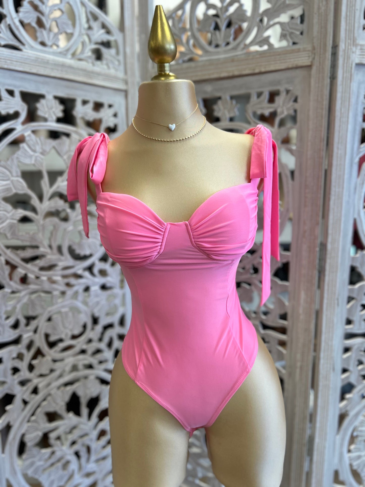 Cotton Pink Ribbon Strap Bodysuit- Stretchy