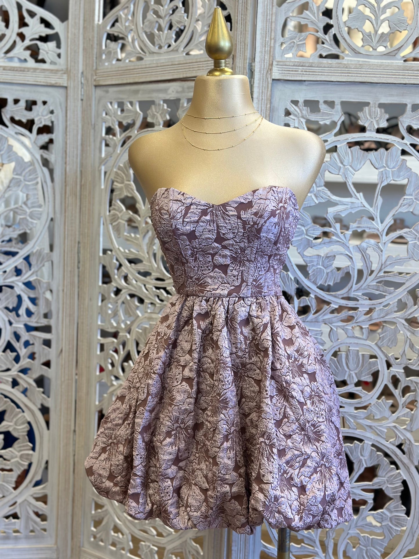 Strapless Floral Pattern Mini Puff Dress- Not Stretchy