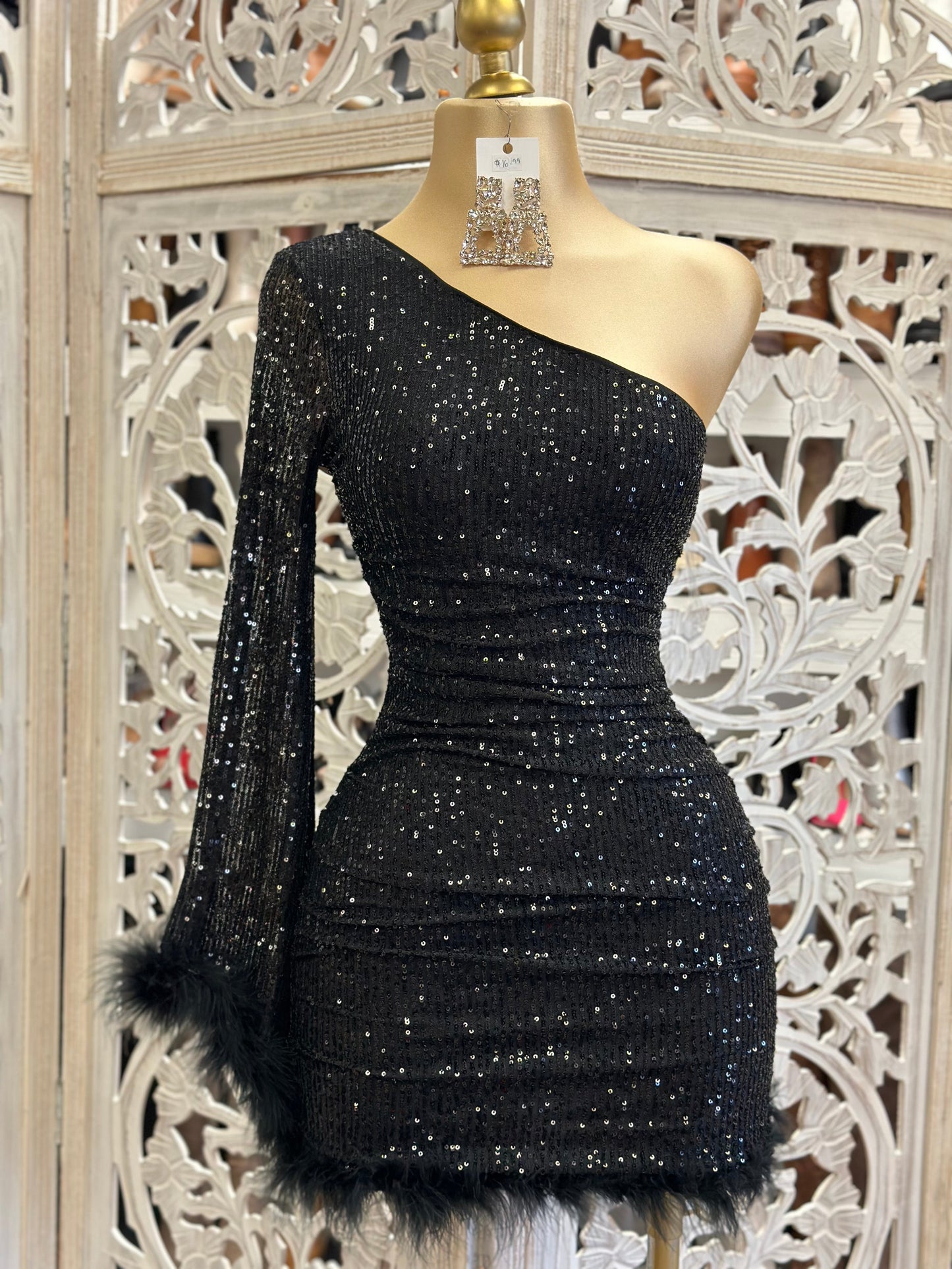 Black Sequin Feathered Dress