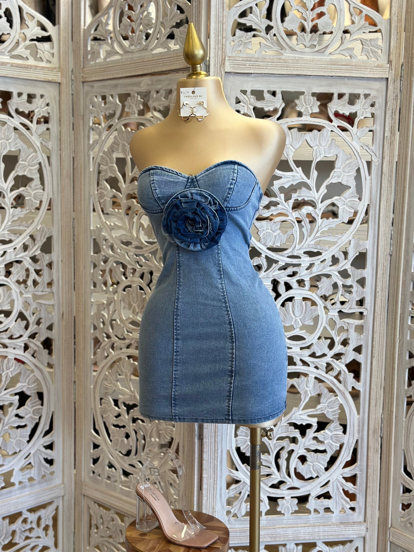 Flower Detail Denim Mini Dress- Slightly Stretchy