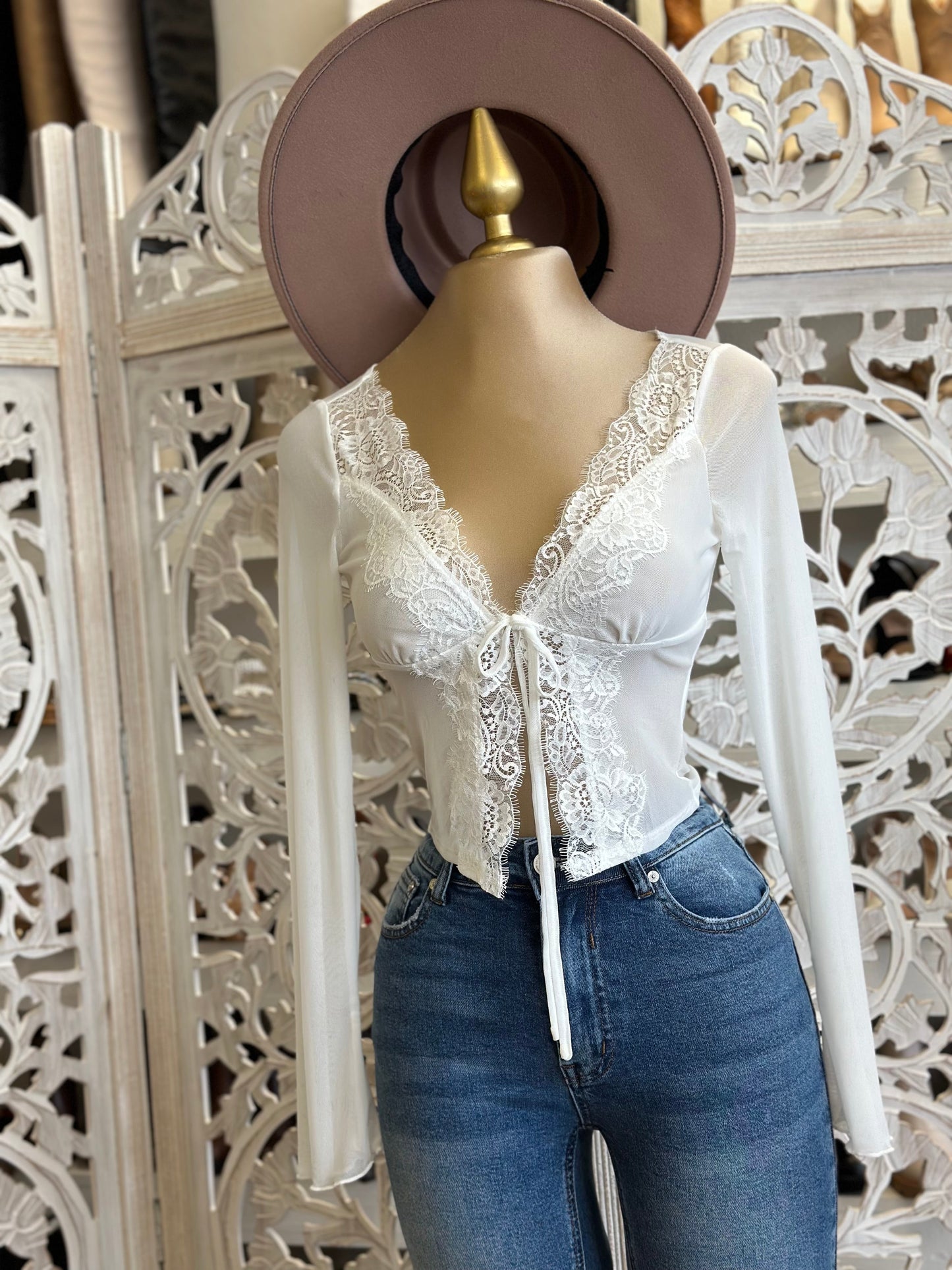 White Mesh Lace Tie Up Blouse- Stretchy