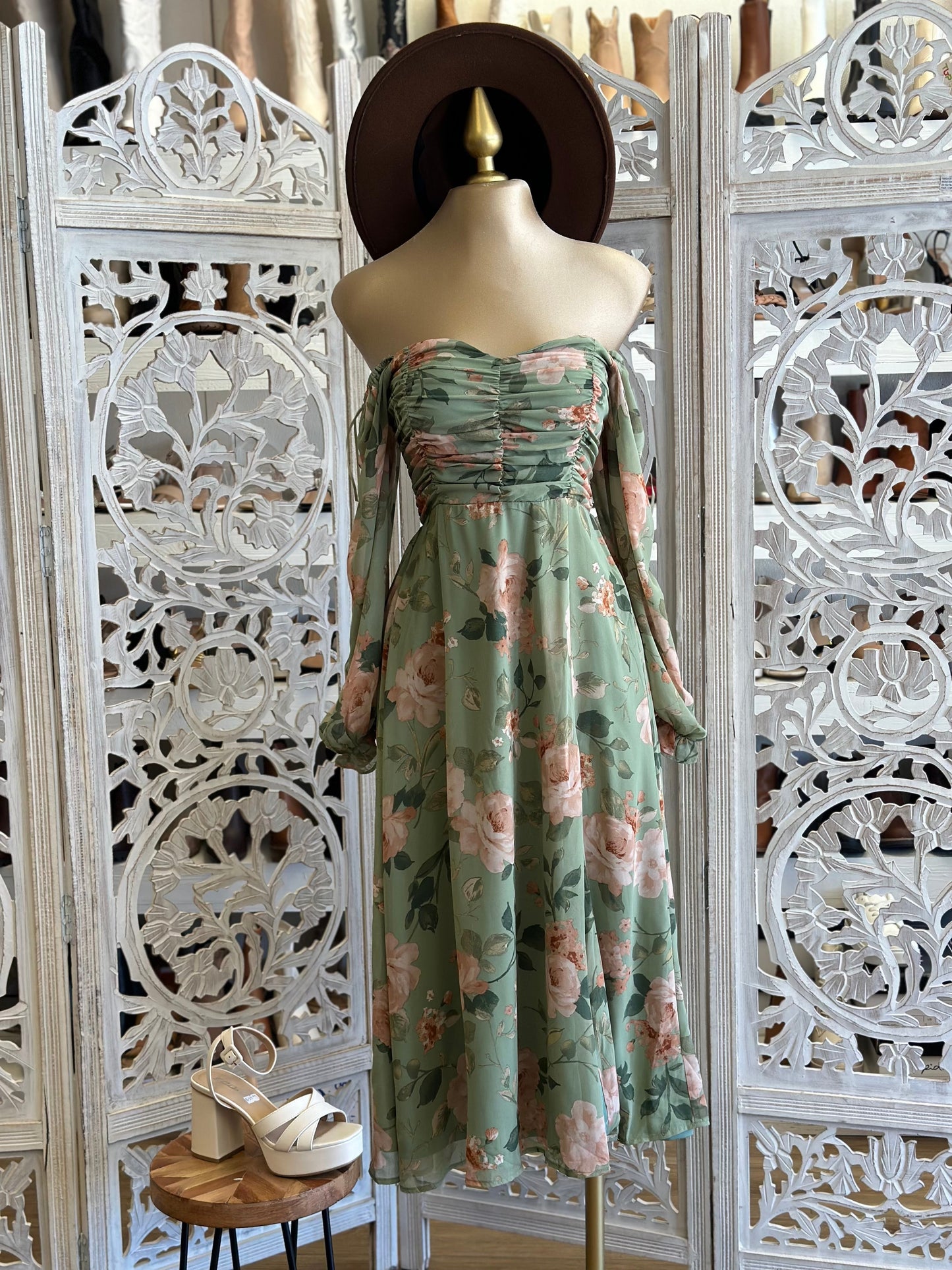 Green Floral Off Shoulder Midi Dress- Slightly Stretchy