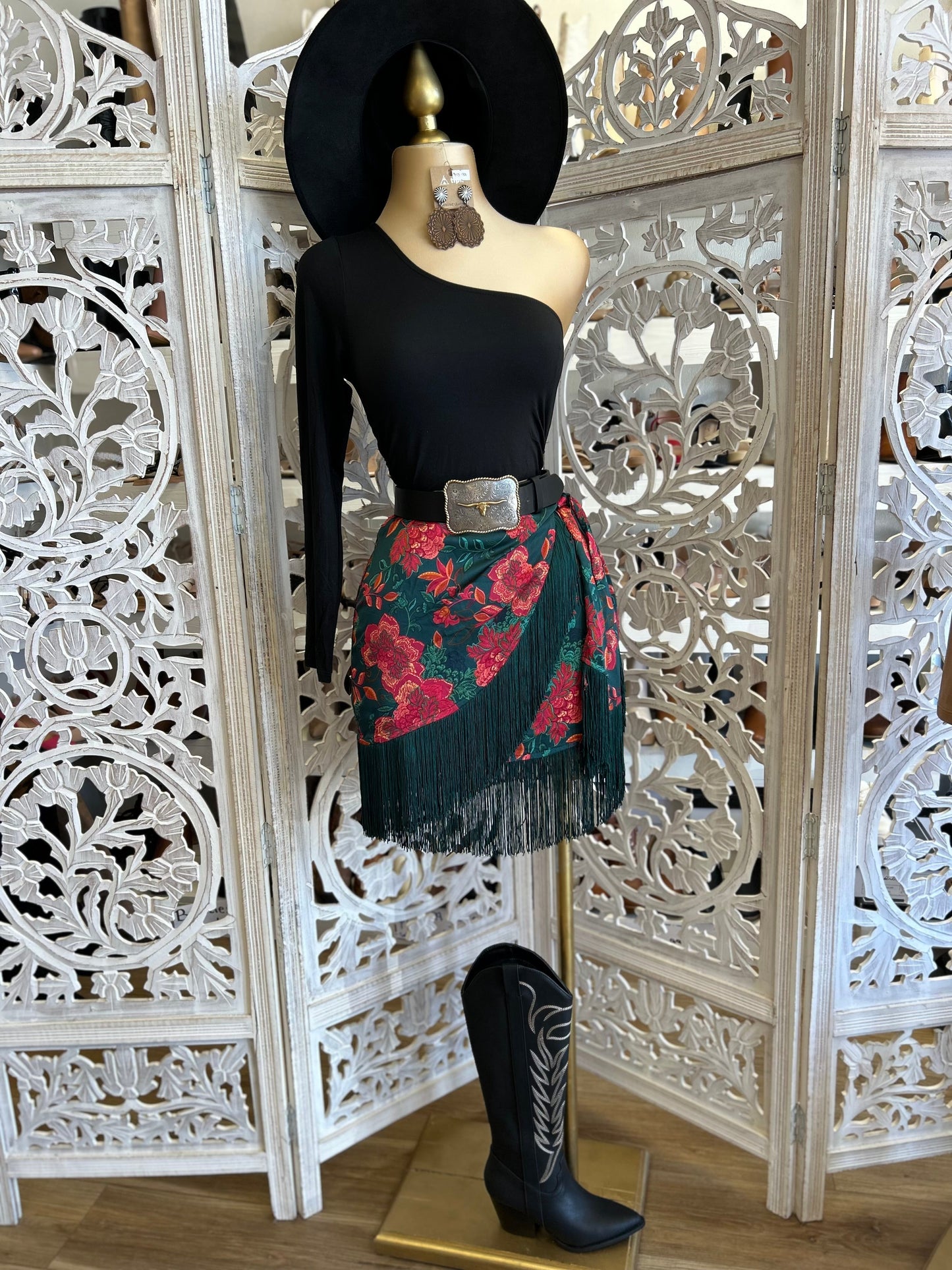 Fringe Draped Floral Skirt - Slightly Stretchy