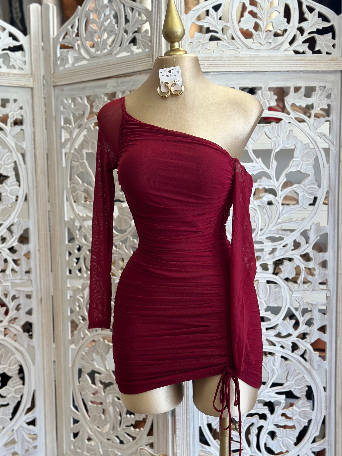 Burgundy Asymmetrical Ruched Mini Dress-Stretchy