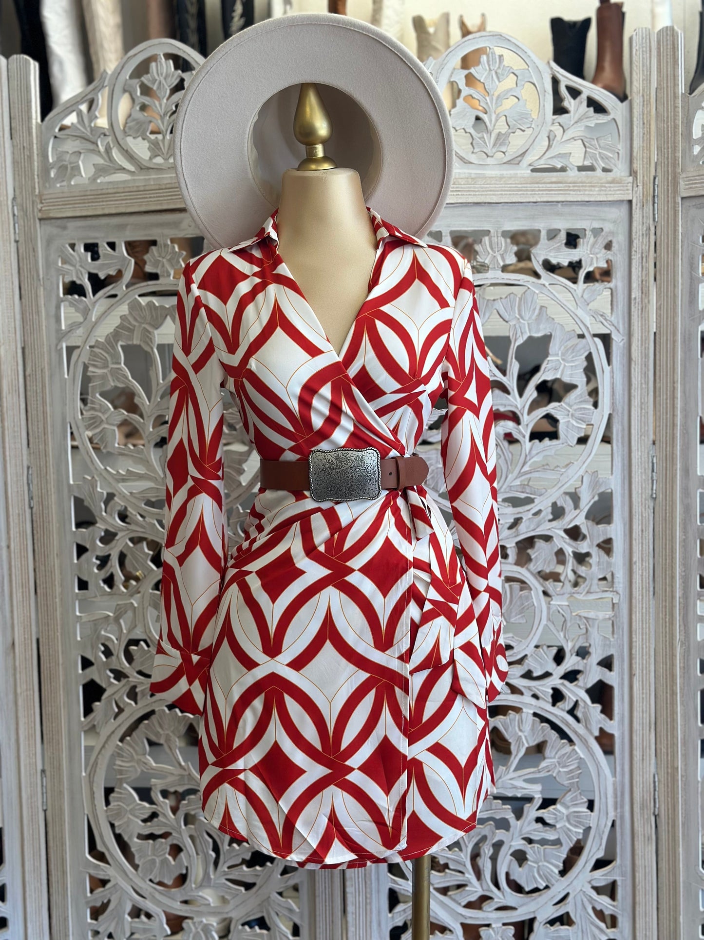 Red Pattern Collard Wrapped Dress- Not Stretchy