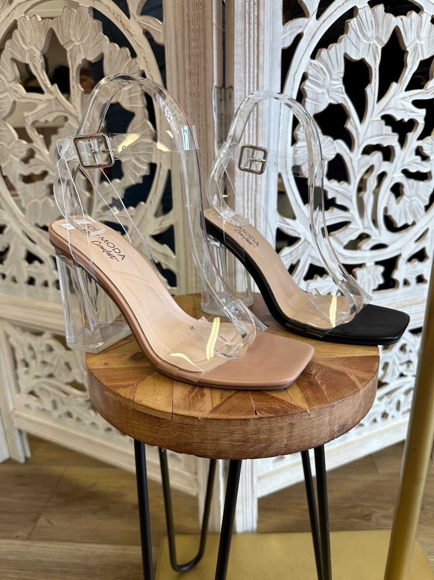 Clear Strapped Buckle Heels