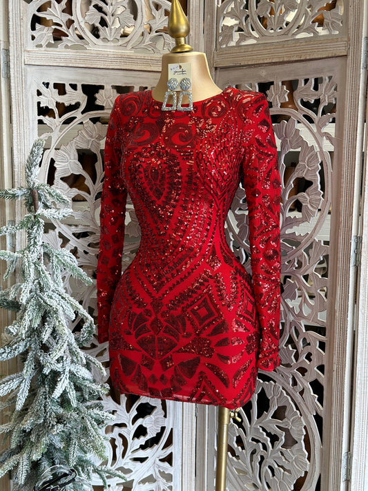 Red Sequin Pattern Mini Dress