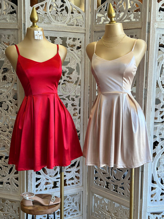 Satin Strappy Fit and Flare Dress-Stretchy