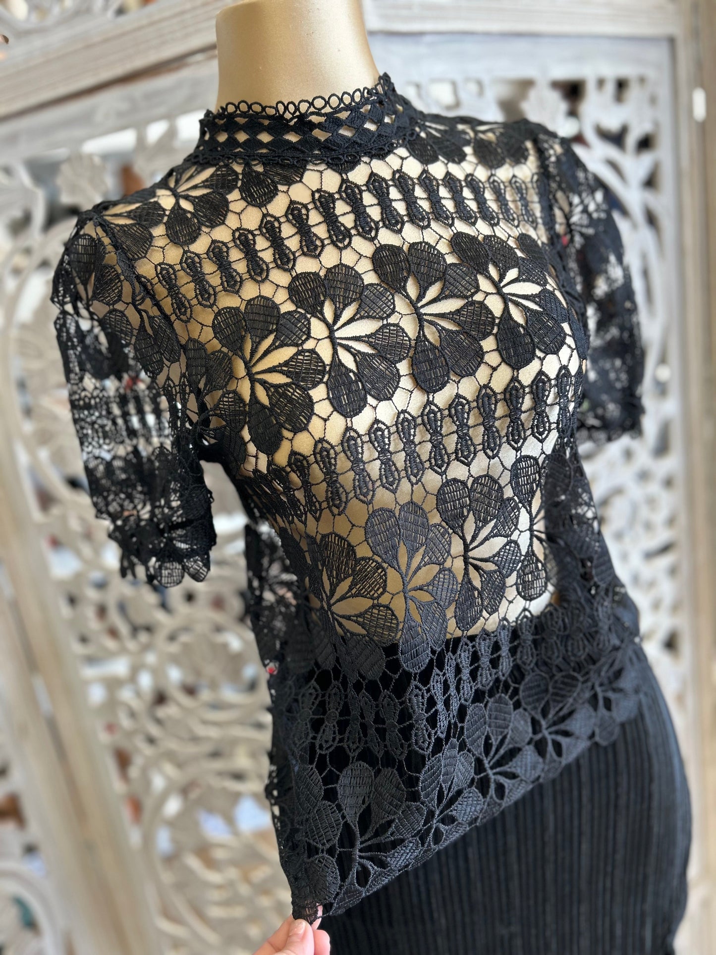 Black  Mock Neck Crochet Blouse