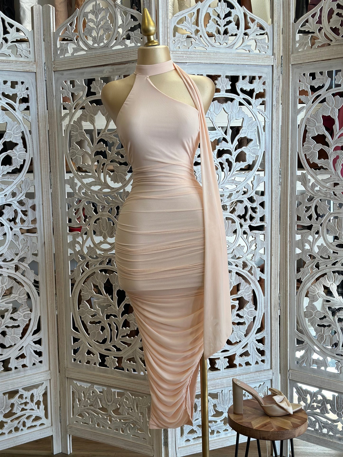 Light Pink Mock Neck Midi Dress- Stretchy