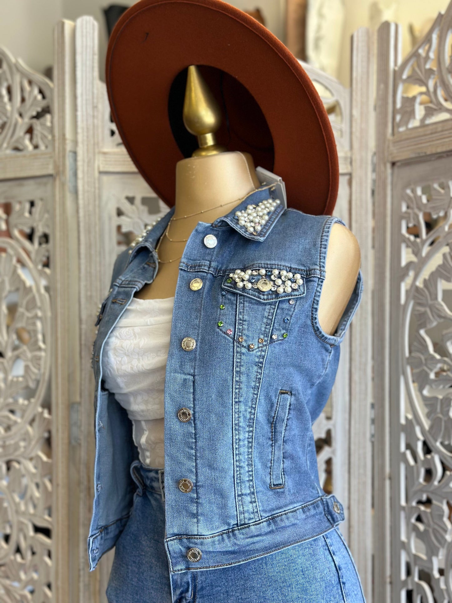 Pearl Detail Denim Vest - Stretchy