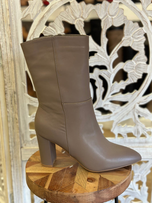 Taupe Faux Leather Heeled Mini Boots