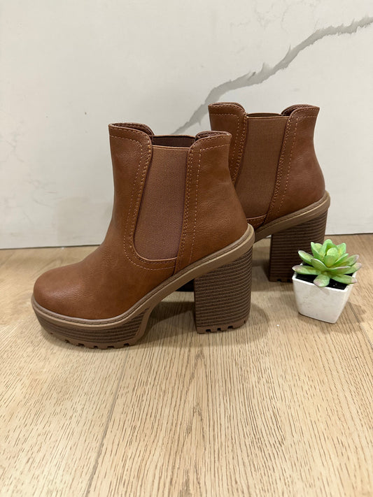 Faux Leather Brown Thick Heel Booties