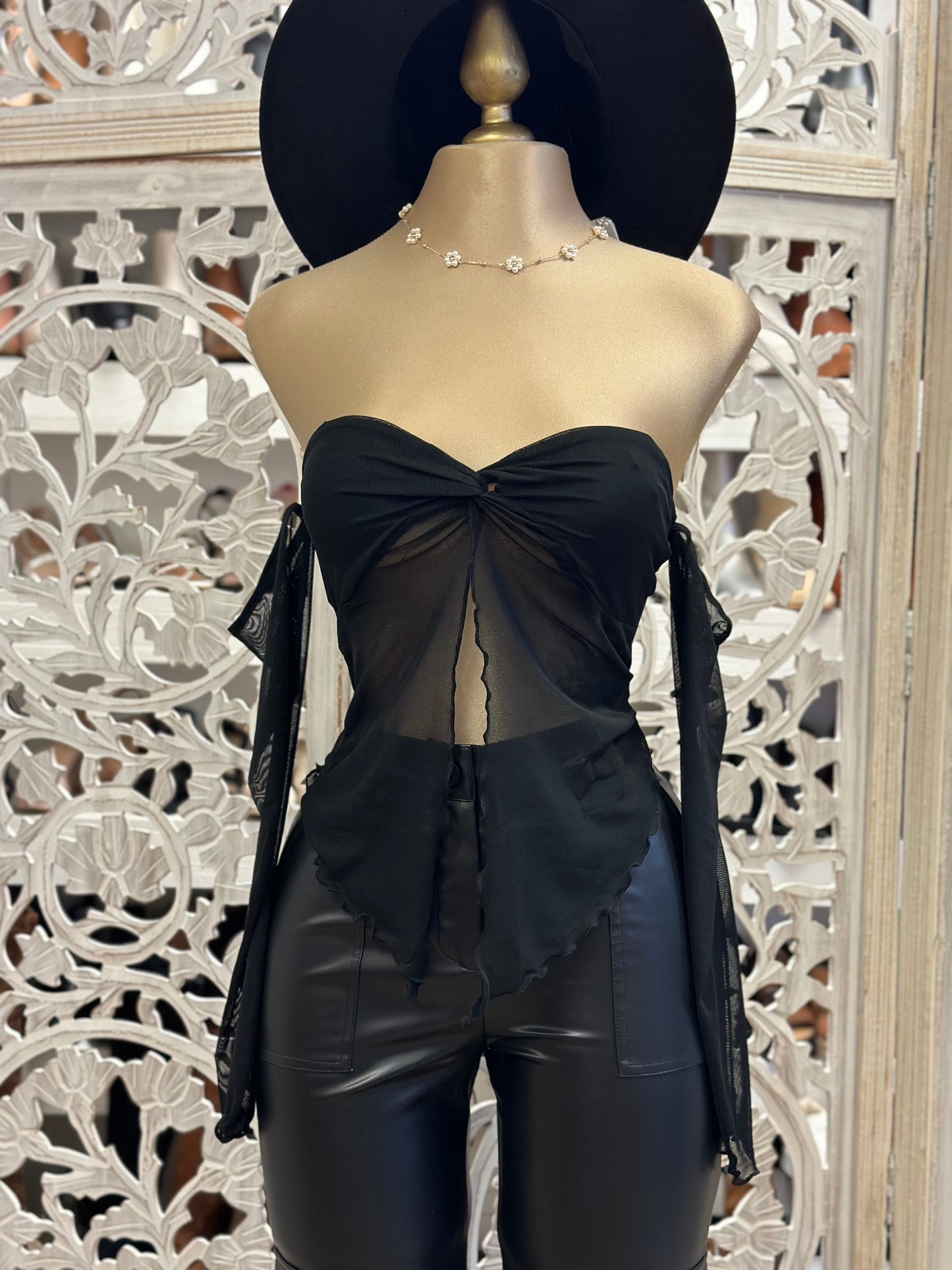 Black Ribbon Split Blouse