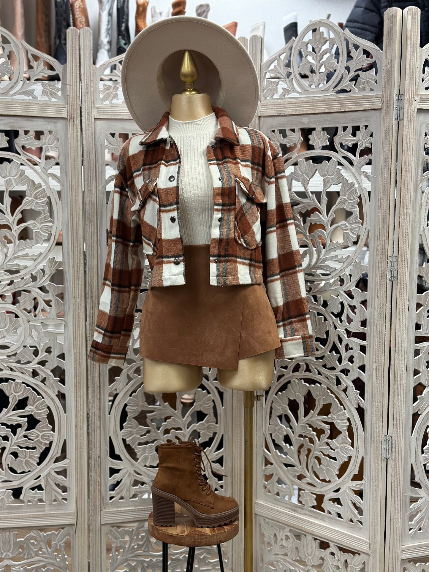 Cropped Brown Flannel Jacket with Pockets