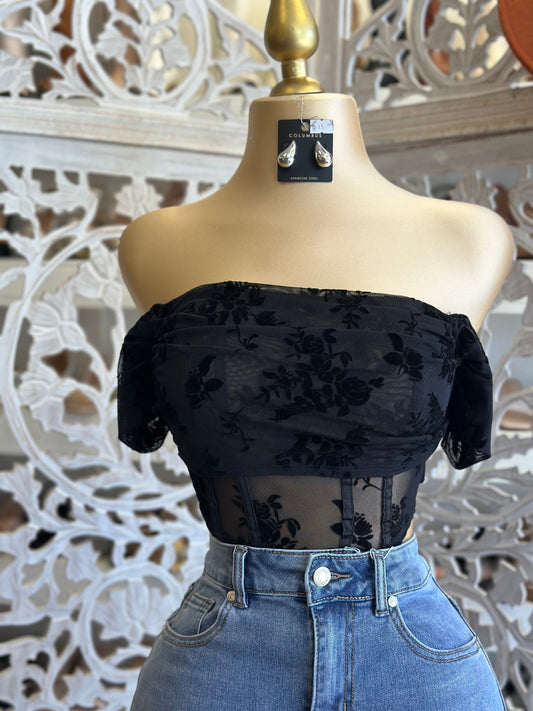 Black Corset Mesh Off Shoulder Top- Stretchy