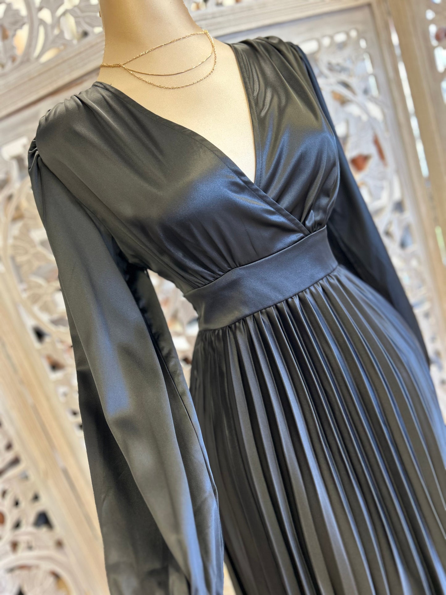 Black Satin Wrapped Pleated Dress- Not Stretchy