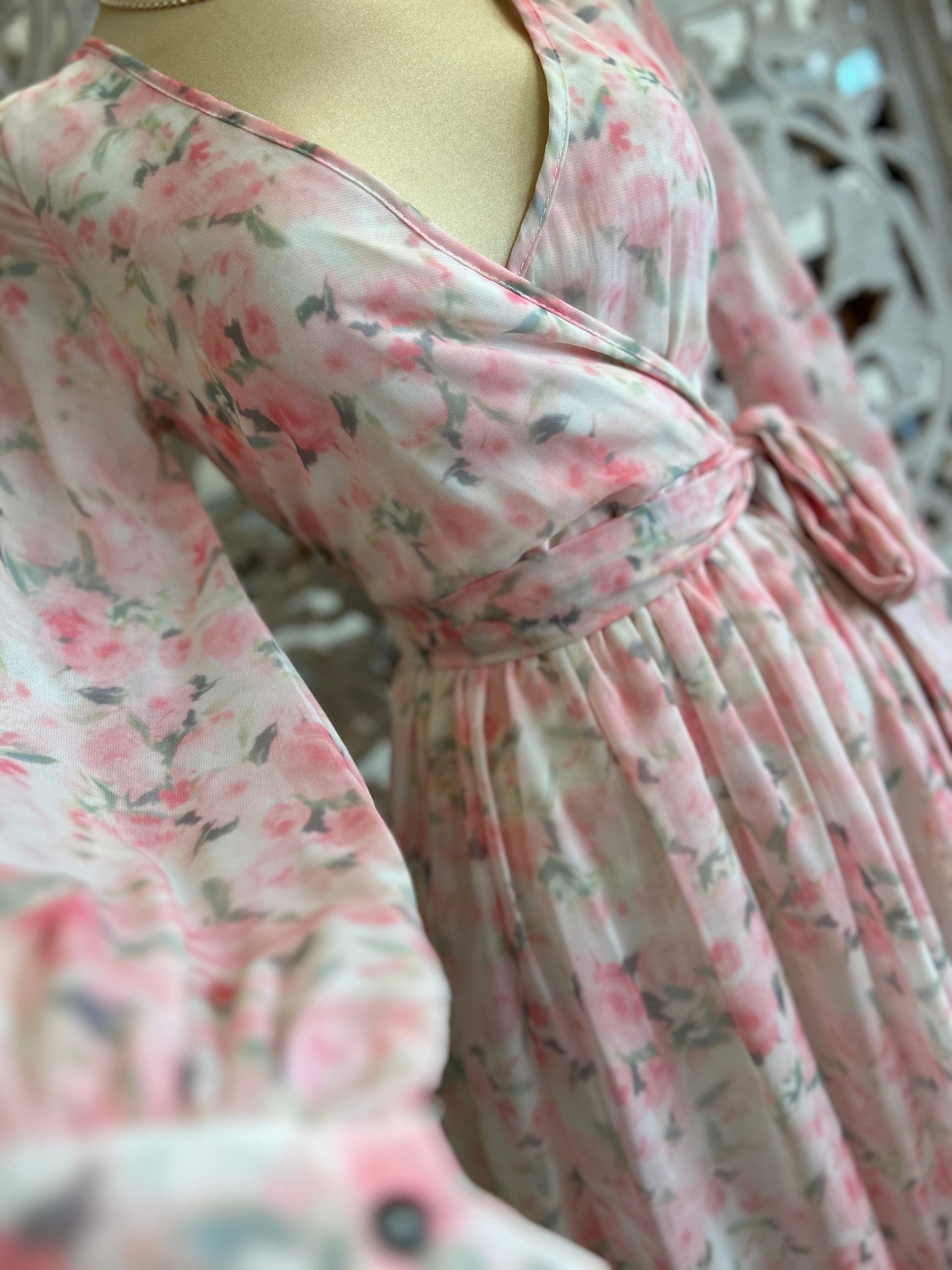 Pink Floral Wrapped Maxi Dress- Slightly Stretchy