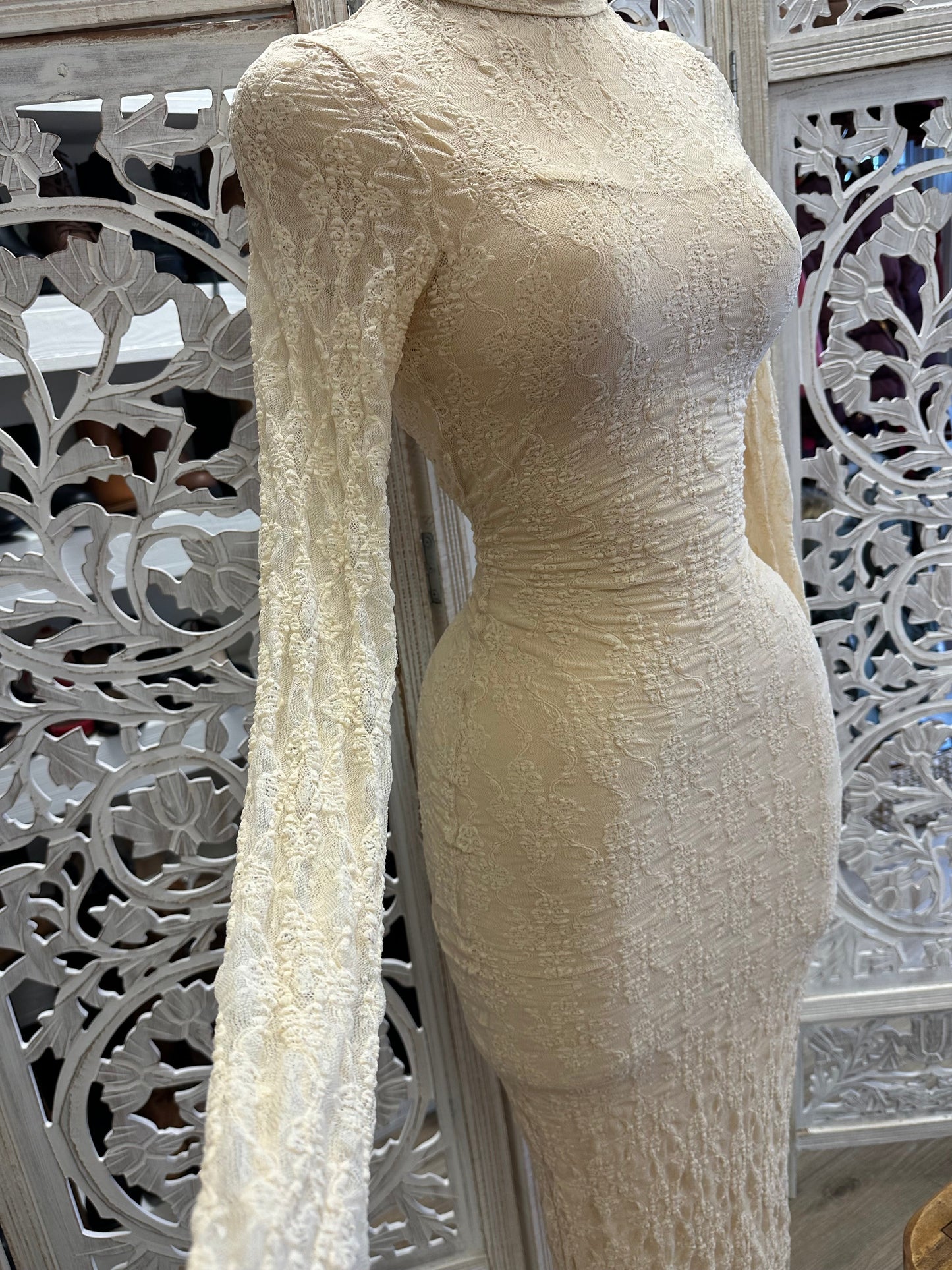 Beige Lace Maxi Dress Stretchy